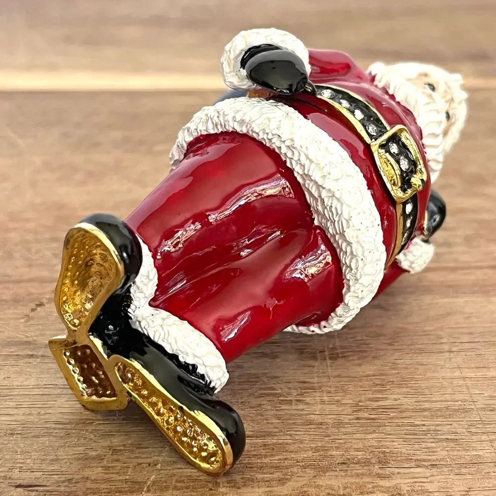 Bejeweled Santa Hinged Metal Enamel Trinket Box Santa Sack Gifts Christmas